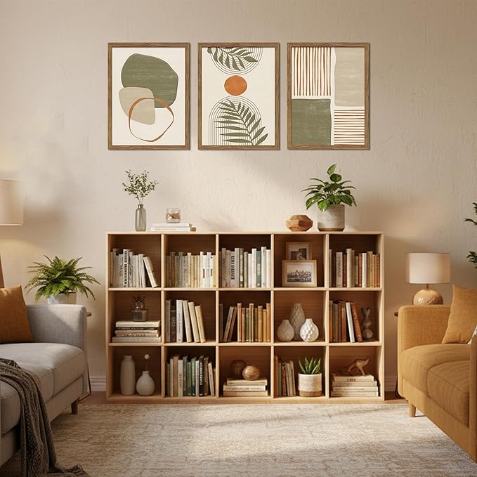 Framed Sage Green Boho Plant Wall Art Set of 3, Neutral Botanical Canvas Prints, Boho Picture Painting, Abstract Mid-Century Modern Tropical Leaf Decor for Living Room Bedroom 16x24 inch