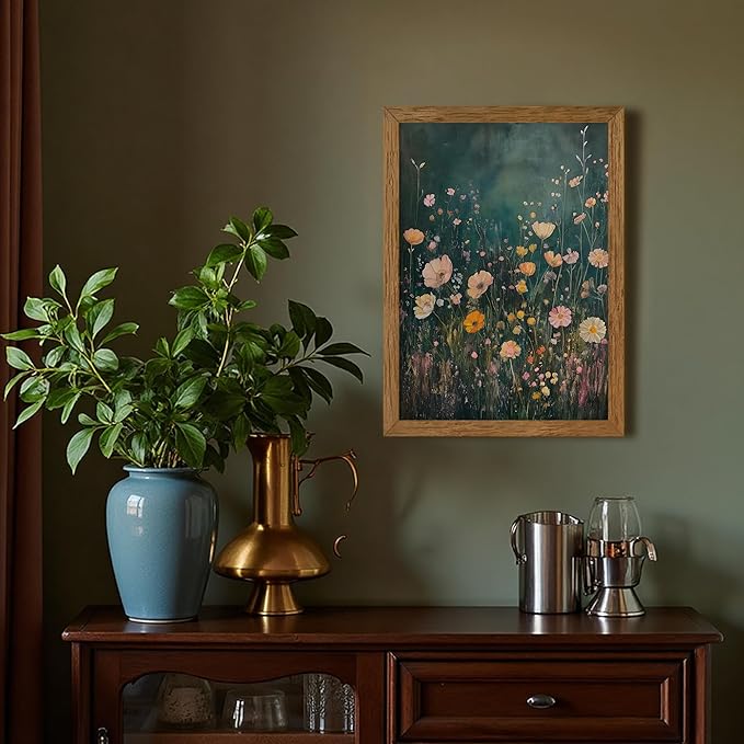 JLTULT Framed Vintage Pink Tone Floral Canvas Wall Art, Farmhouse Flower Landscape Pictures Wall Decor, Botanical Wildflower Field Art Print for Bedroom Living Room Bathroom Home Decoration 16x24 in