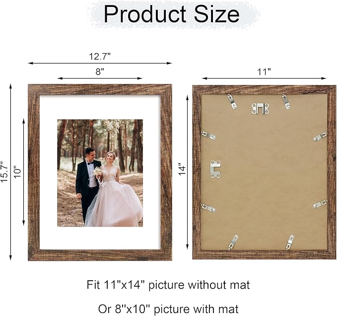 iRahmen 11x14 Picture Frame Set of 2 with High Definition Tempered Glass, Wood Photo Frame Display Pictures 8x10 with Mat or 11 x 14 Without Mat for Wall Mounting Horizontal or Vertical
