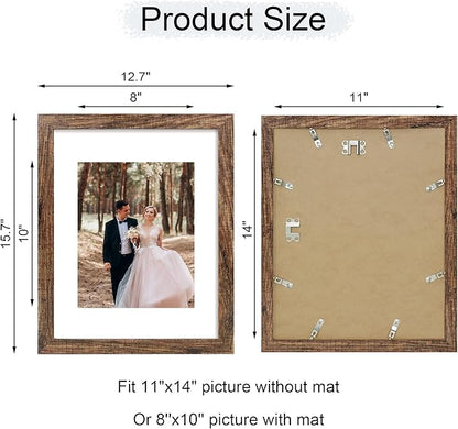 iRahmen 11x14 Picture Frame Set of 2 with High Definition Tempered Glass, Wood Photo Frame Display Pictures 8x10 with Mat or 11 x 14 Without Mat for Wall Mounting Horizontal or Vertical