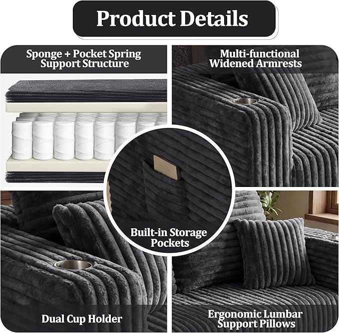 137'' U-Shaped Cloud Modular Sectional Sofa, Modern Corduroy Memory Foam Couch with Cup Holders, Upholstered Boneless Deep Seat Fluffy 6-Seater Sofa, No Assembly Needed, Grey, for Living Room