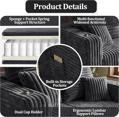 137'' U-Shaped Cloud Modular Sectional Sofa, Modern Corduroy Memory Foam Couch with Cup Holders, Upholstered Boneless Deep Seat Fluffy 6-Seater Sofa, No Assembly Needed, Grey, for Living Room