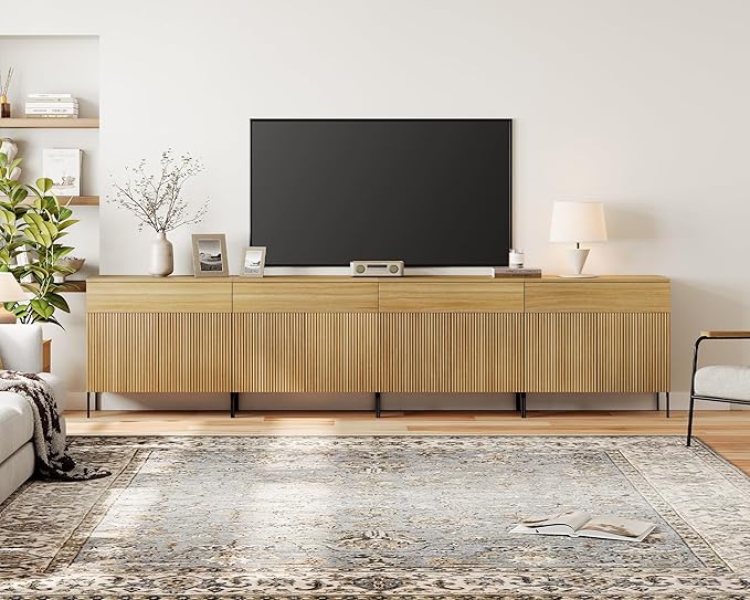 WAMPAT Large Fluted TV Stand TVs up to 120 inch, 126" W Modern TV Entertainment Center with Storage Cabinets and 4 Drawers & 8 Doors, Wood Media TV Console Table with Storage for Living Room, Oak