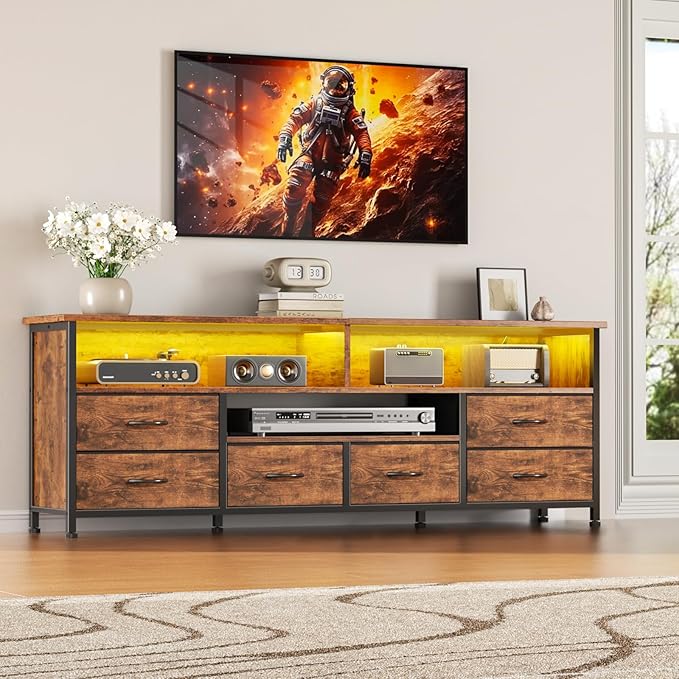 Furologee 55 Inch LED TV Stand for Bedroom with Power Outlets, Entertainment Center with 6 Fabric Drawers for 50/55/60 inch TVs, Dresser TV Stand Long Console Media Table for Living Room, Rustic Brown