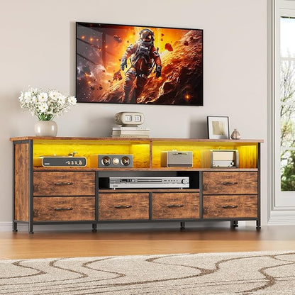 Furologee 55 Inch LED TV Stand for Bedroom with Power Outlets, Entertainment Center with 6 Fabric Drawers for 50/55/60 inch TVs, Dresser TV Stand Long Console Media Table for Living Room, Rustic Brown