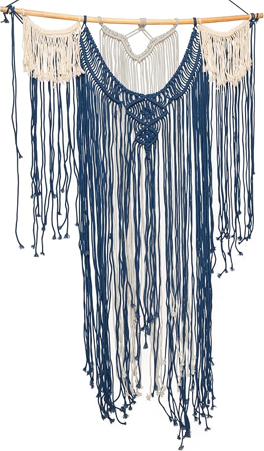 Concepts Tricolored Macrame Wall Hanging Large 36x48 Handmade Boho Wall Hanging Navy Gray Natural Cotton Macrame Wall Art Tricolor Woven Bohemian Wall Decor for Living Room Bedroom Hallway
