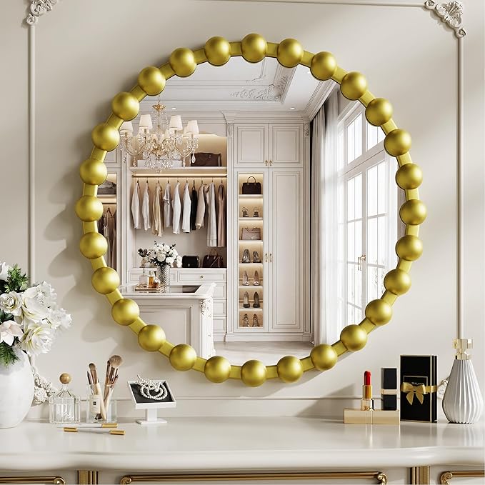Round Vanity Mirror for Wall, 24 Inch Beaded Frame Circle Mirror for Bathroom, Bedroom Dresser, Entryway, Living Room, Decorative Hanging Wall Mirror, Gold
