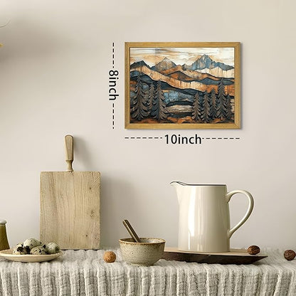 Vintage Boho Mountain Wall Art, Framed Landscape Canvas Wall Art, Nature Forest Wall Decor, Rustic Farmhouse Print Poster Painting for Living Room Bedroom Dining Room 8x10 Inch