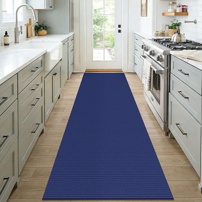 KOZYFLY Woven 3x7 Washable Kitchen Runner Rug, Non Slip Wide Runners for Hallway, Cotton Entryway Runner, Braided Floor Carpet for Entry, Kitchen, Bedside, Hall, Royal Blue/Navy