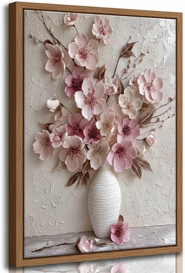 Framed Pink Floral Canvas Wall Art Abstract Flowers Plant Bouquet in Vase Painting Picture Wall Decor Poster Print Artwork for Living Room Bedroom Woman Room Home Decoration
