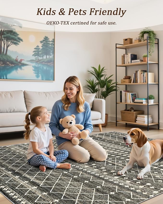 Miukiki 10x14 Area Rugs for Living Room Moroccan Washable Rugs Non Slip Indoor Floor Carpet Foldable Large Soft Area Rug with Low Pile for Dining Room Bedroom Office(Black,10'x14')