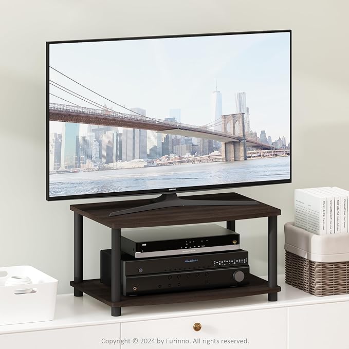 Furinno TURN-N-TUBE TV Riser Stand, 2-Tier Small Elevated No Tools TV Stand with Plastic Poles, Console for TV up to 32 inch, 15.8 x 23.8 x 11, for Living Room, Bedroom, Dark Brown
