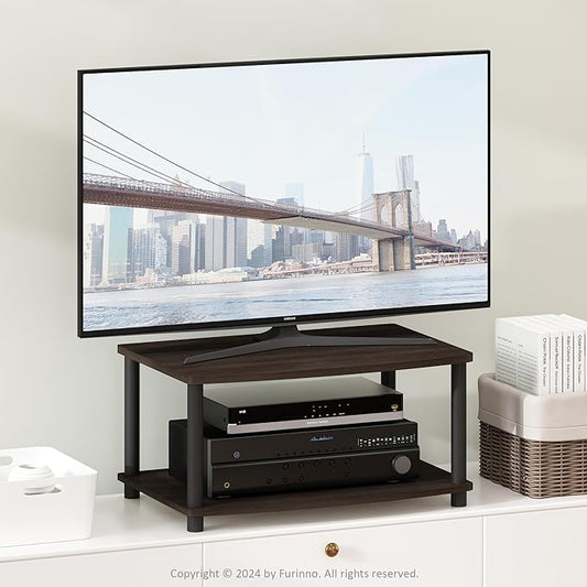 Furinno TURN-N-TUBE TV Riser Stand, 2-Tier Small Elevated No Tools TV Stand with Plastic Poles, Console for TV up to 32 inch, 15.8 x 23.8 x 11, for Living Room, Bedroom, Dark Brown