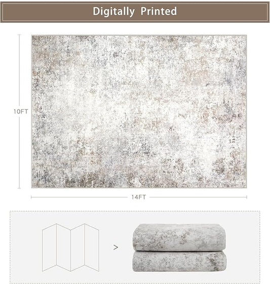Srugn Washable Rugs 10x14 Area Rugs for Living Room,Modern Abstract Rugs for Bedroom,Large Carpets,Ultra Soft Faux Wool Retro Dining Room Rug,Non Slip&Non-Shedding Low Pile Print Rug- Beige Grey