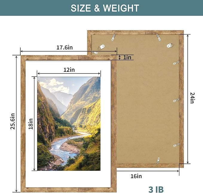 iRahmen 16x24 Picture Frame Set of 2 with Plexiglass, Display 12x18 Picture with Mat or 16 x 24 Without Mat, Rustic Brown Wood Poster Frame for Photo Wall Gallery Mounting Horizontal and Vertical