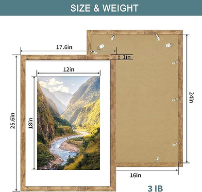 iRahmen 16x24 Picture Frame Set of 2 with Plexiglass, Display 12x18 Picture with Mat or 16 x 24 Without Mat, Rustic Brown Wood Poster Frame for Photo Wall Gallery Mounting Horizontal and Vertical