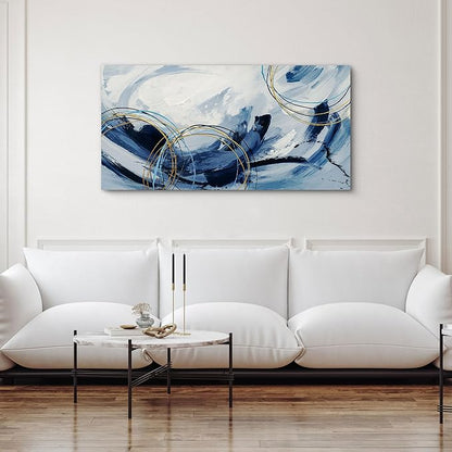 yiijeah Large Canvas Wall Art for Living Room - Blue and White Abstract Picture Framed Artwork for Walls Bohemian Minimalism Prints Paintsings Wall Decor for Office Bedroom 40x20 Inches