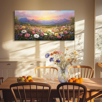 crmotu Landscape Wall Art, Mountain Wall Art, Floral Wall Decor, Daisy Flower Field Canvas Artwork, Rustic Bright Big Paintings for Living Room Bedroom Entryway Home Office Prints 24x48inch