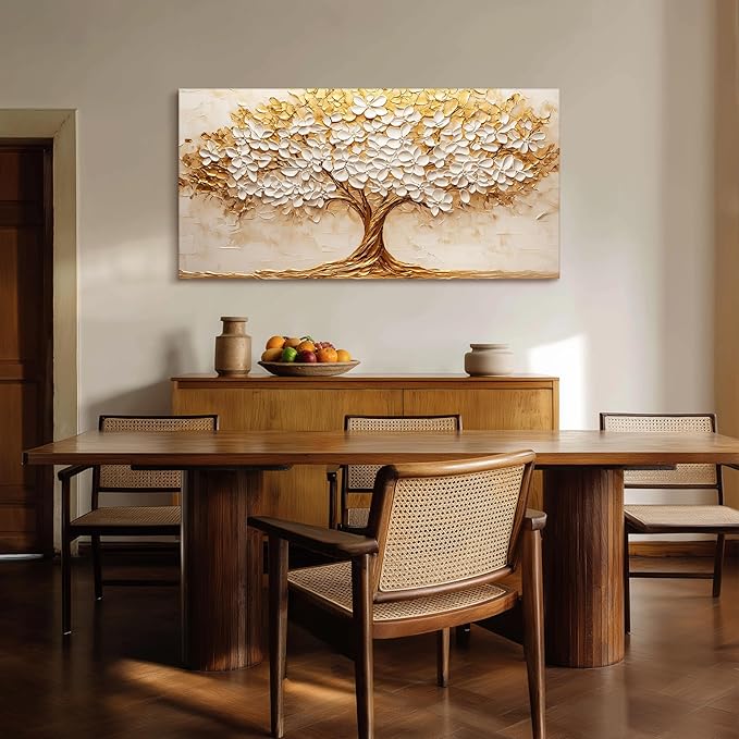 crmotu Tree of Life Wall Art, White Gold Tree Extra Large Canvas Paintings, Nature Landscape Abstract Art Prints, Modern Aesthetic Pictures Wall Decor Living Room Office Ready to Hang 29x57 Inch