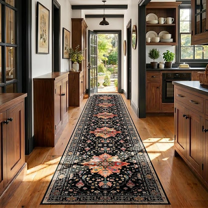 RELEANY Area Rugs 3'x20' Runner Rug Non Slip Washable for Kitchen Hallway Bedroom Beside Laundry Room Bathroom Rug, Floor Carpet, Black Colorful Floral Dark Tan