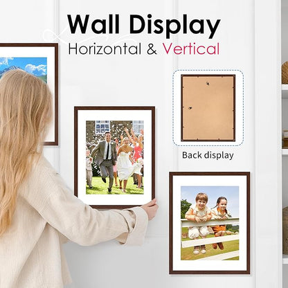FIXSMITH 11x14 Picture Frame Set of 2, Photo Frame with HD Plexiglass, Display Pictures 8x10 with Mat or 11x14 Without Mat, Brown Picture Frames Collage Wall Decor, Gallery Wall Frame