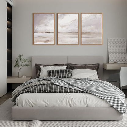 Large Neutral Abstract Framed Canvas Wall Art Set,Minimalist Gray and Beige Pastel Wall Decor,Modern Nature Misty Textured Art Painting for Living Room,Bedroom-24 x36 x3