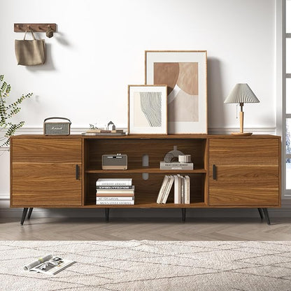 80 Inch Mid Century Modern TV Stand for 75 Inch TV, Wood TV Stand with Storage, Entertainment Center for Living Room Bedroom, TV Media Console, Walnut