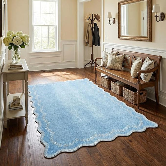 GarveeHome 3x5 Scalloped Washable Area Rug for Bedroom,Soft Solid Blue Entryway Rug Non Slip Low Pile Carpet Stain Resistant Throw Rug for Bedside Kids Room Office Dining Room