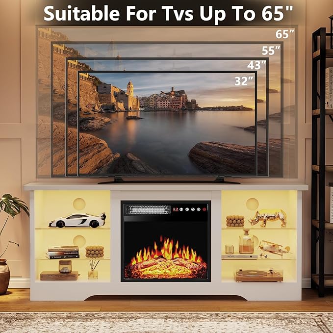TAVATA Fireplace TV Stand with 18" Fireplace, Modern Entertainment Center for TVs up to 65 inch, Media TV Console for Living Room with Led Lights, Adjustable Glass Shelves and Storage Cabinets (White)