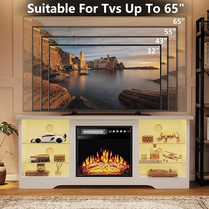 TAVATA Fireplace TV Stand with 18" Fireplace, Modern Entertainment Center for TVs up to 65 inch, Media TV Console for Living Room with Led Lights, Adjustable Glass Shelves and Storage Cabinets (White)