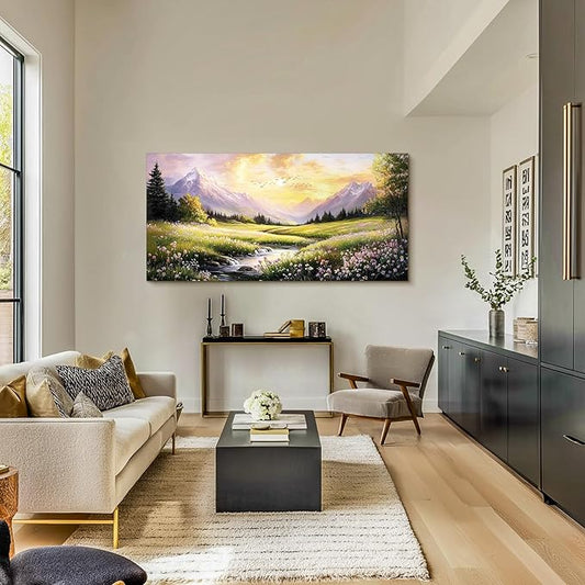 crmotu Landscape Wall Art, Mountain Wall Art, Countryside Scenic Canvas Prints, Nature River Wildflower Spring Oversized Paintings for Living Room Bedroom Dining Room Farmhouse Cottage 29x57inch