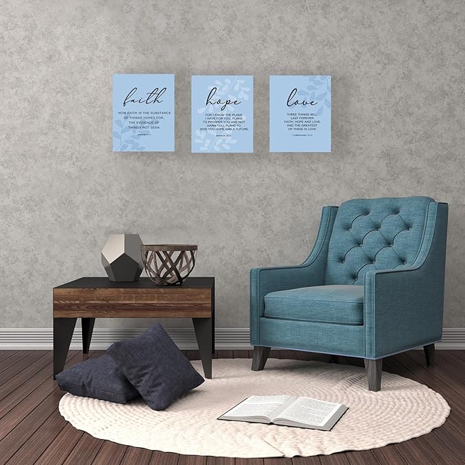 Faith, Hope & Love Bible Verse Inspirational Wall Art, Christian Canvas Wall Art, A Great Religious Decor Gift for Living Room & Bedroom, (8 X 10in X 3 pcs) Framed (Blue)