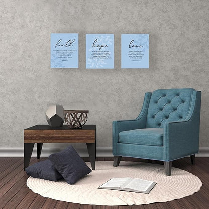 Faith, Hope & Love Bible Verse Inspirational Wall Art, Christian Canvas Wall Art, A Great Religious Decor Gift for Living Room & Bedroom, (8 X 10in X 3 pcs) Framed (Blue)