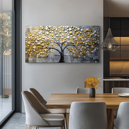crmotu Tree of Life Large Wall Art for Living Room, Golden Tree Neutral Abstract Canvas Painting Art Prints, Nature Plant Modern Pictures Wall Decor for Bedroom Bathroom Dining Room Office 29"X57"