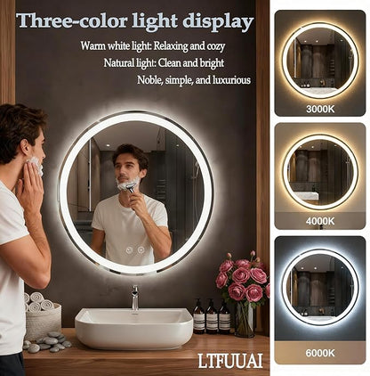 LTFUUAI 20" Round LED Bathroom Mirror with Lights, Smart Touch 3-Color Dimming Lighted Vanity Mirror wall Mounted, Anti-Fog Shatterproof with Front & Back Light, for Bathroom Vanity