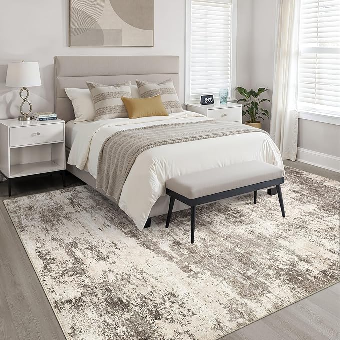 6x9 Area Rugs Living Room: Washable Large Neutral Rug Abstract Soft Modern Stain Resistant Indoor Floor Non-Slip Carpet for Bedroom Nursery Kids Office Playroom Dining Room Under Table- Mocha Brown