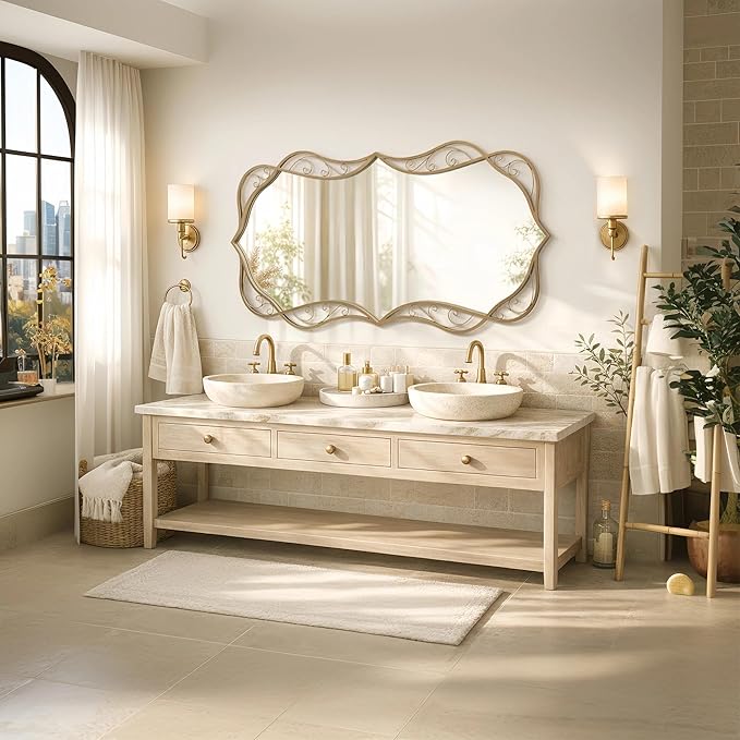 Besdomus Large Gold Bathroom Mirror: 30"x60" Scalloped Modern Long Full Length Vanity Wall Mirror - Farmhouse Decorative Vertical or Horizontal Hanging for Living Room/Entryway/Bathroom/Bedroom