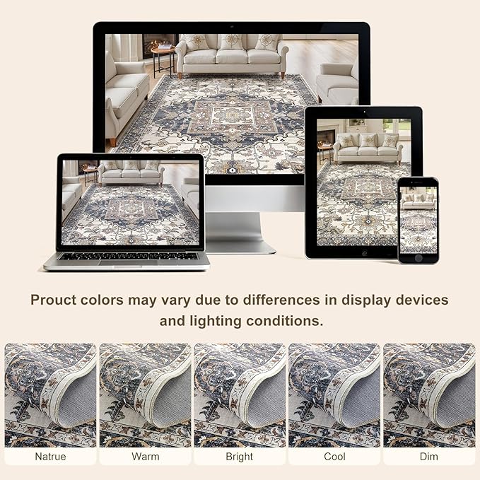 10x12 Washable Area Rugs for Living Room: Non Slip Vintage Beige Blue Rug, Large Soft Stain Resistant Indoor Floor Carpets for Bedroom Dining Room Nursery Home Office Kid & Pet Friendly