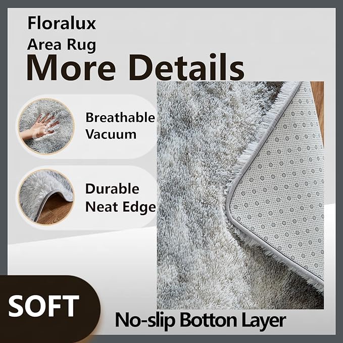 Floralux 9x12 Living Room Rug, Tie-Dyed Light Grey, Large Shag Bedroom Rugs, Soft Fluffy Shaggy Carpets