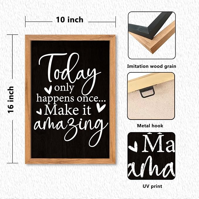 AuraPeak Today Only Happens Once Make It Amazing Inspirationa Quotes Office Wall Decor, Motivational Sayings Frame Rustic Home Living Room Laundry Room Wall Art Hanging (Wood Black 16"×10")