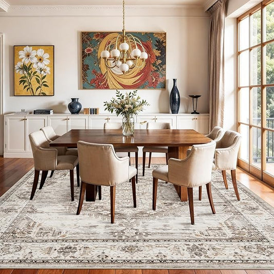 8x8 Area Rug Washable Living Room Rugs: 8ft Square Ultra Thin Soft Oriental Area Rugs Non-Slip Backing Farmhouse Rug Low Pile Thin Stain Resistant Indoor Carpets, 8' x 8' Beige