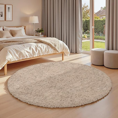 Beige Round Fluffy Rug 6ft,Soft Bedroom Circle Rugs Mats for Kids Girls Nursery Room,Washable Plush Shaggy Indoor Non Slip Rug for Bedside Living Room Bedroom Circular Carpet,Home Decor Aesthetic