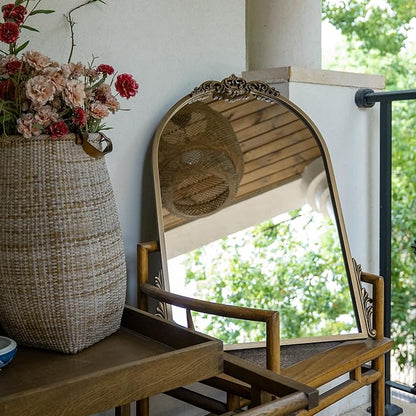 32''x24'' Antique Gold Arched Wall Mirror with Metal Flower Carving Frame, Small Vintage Retro Baroque Mirror Ornate, Vanity Mirror for Bathroom, Fireplace,Entryway, Living Room