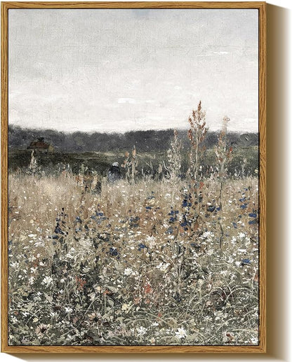 InSimSea Framed Canvas Prints Art Vintage Decor, Wildflower Field Meadow with Flowers Painting, Rustic Landscape Wall Art for Living Room Bedroom Home Bathroom Wall Decor, 12x16inch