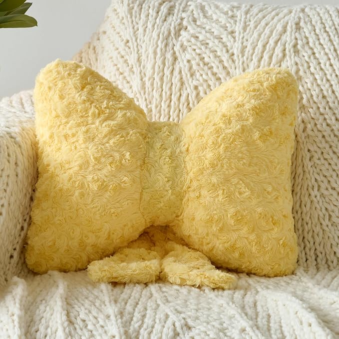 Bow Pillow, Decorative Bow Pillows with Soft Plush for Couch Bed, Bow Shaped Throw Pillow Room Decor for Bedroom, Bow Decorative Pillow for Living Room (Goose Yellow, Large-16 Inches)