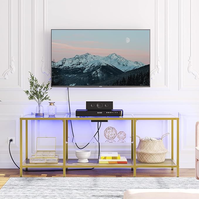 HOOBRO TV Stand with LED Lights and Power Outlets for TVs up to 65", Modern 55 Inch Tempered Glass TV Console Table with Open Shelves, Media Entertainment Center for Living Room, Gold GD145UDS01