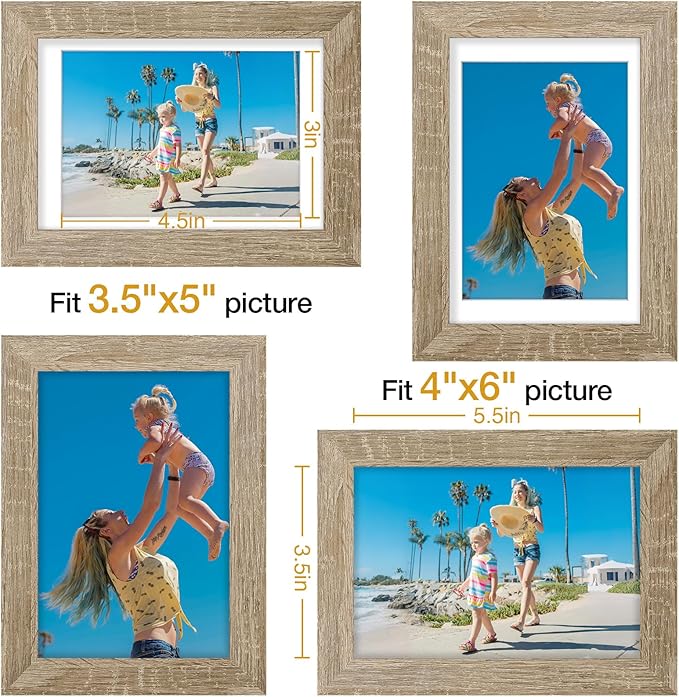 Vittanly 4x6 Picture Frames Set of 9, Display 3.5x5 Pictures with Mat or 4x6 without Mat, Photo Frames for Wall or Tabletop with Plexiglass, Engineered Wood, Light Wood