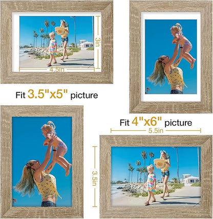 Vittanly 4x6 Picture Frames Set of 9, Display 3.5x5 Pictures with Mat or 4x6 without Mat, Photo Frames for Wall or Tabletop with Plexiglass, Engineered Wood, Light Wood