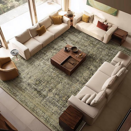 Washable 10x14 Area Rugs for Living Room, Boho Non-Slip Vintage Distress Large Rugs for Bedroom Dining Room Office, 0.3" Neutral Oriental Throw Thin Carpet, Moss/Yellow/Multi, C3