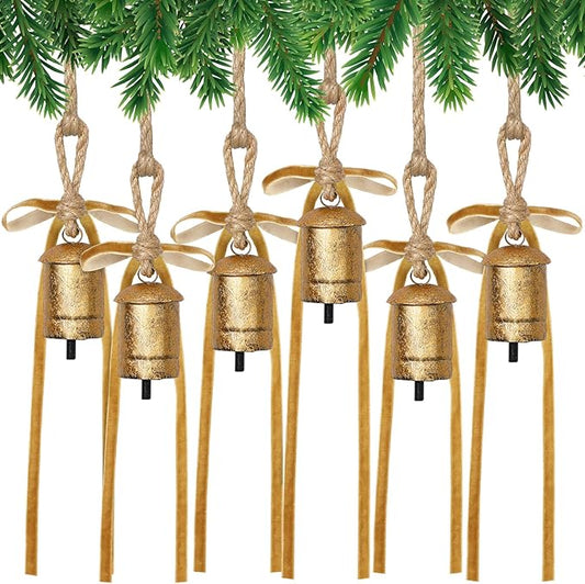 Suncalla 6 Pcs Rustic Gold Bells with 6 Pcs Khaki Velvet Bows Mini Handmade Hanging Ornament Decorative Antique Bells Velvet Bows for Xmas Tree Crafts Door Wreath Decoration DIY Party Supplies